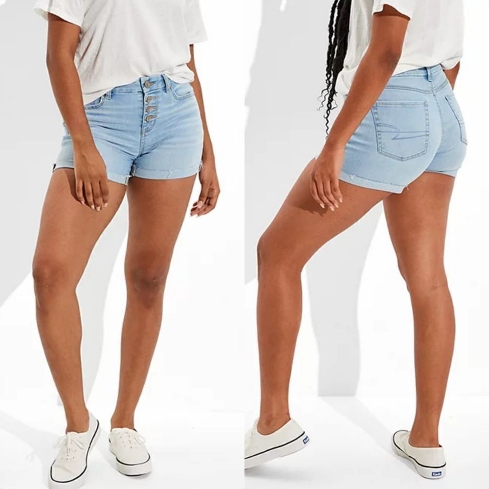🆕️ AEO Curvy Midi Ne(x)t Level Stretch Low Rise Button Fly Shorts Light Wash